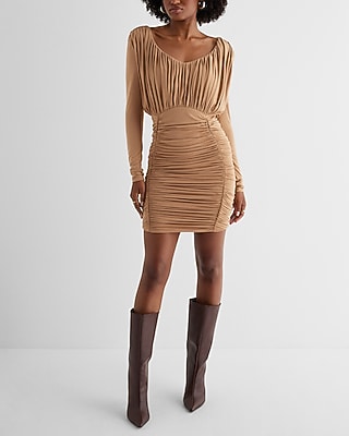 Express Women's Shine V-Neck Long Sleeve Ruched Mini Dress in Pecan