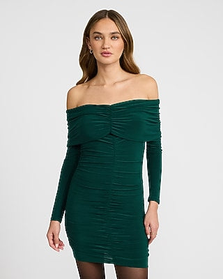 Express Women's Off The Shoulder Ruched Center Seam Mini Dress in Emerald