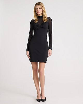 Express Women's Mesh Pieced Mock Neck Long Sleeve Mini Dress in Pitch Black