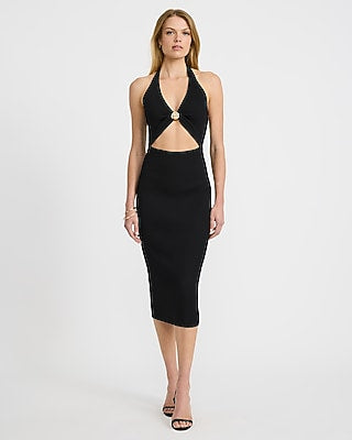 Express Women's Ribbed Halter V-Neck Hardware Cutout Sweater Midi Dress in Pitch Black