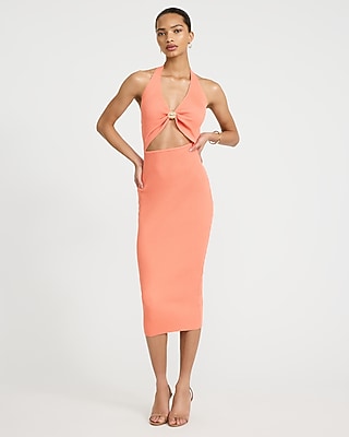Express Women's Ribbed Halter V-Neck Hardware Cutout Sweater Midi Dress in Pink Small