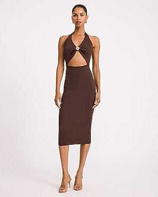 Express Women's Ribbed Halter V-Neck Hardware Cutout Sweater Midi Dress in Brown Small