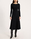 Express Women's Pleated Crew Neck Long Sleeve Tie Waist Midi Sweater Dress in Pitch Black