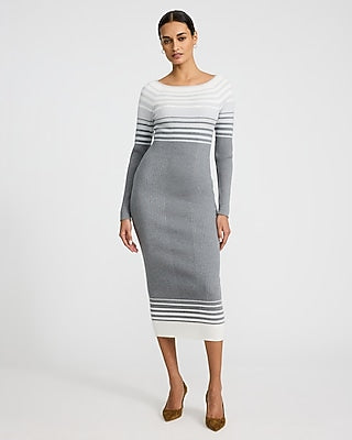 Express Women's Striped Ribbed Long Sleeve Maxi Sweater Dress in Print