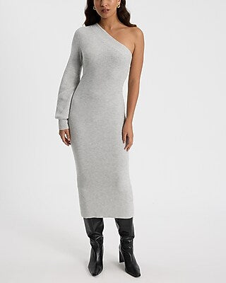 Express Women's One Shoulder Long Sleeve Midi Sweater Dress in Gray
