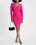 Express Women's Ribbed Surplice Long Sleeve Mini Sweater Dress in Pink Small