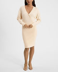 Express Women's Ribbed Surplice Long Sleeve Mini Sweater Dress in Neutral Small