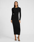 Express Women's Shine Ribbed Crew Neck Long Sleeve Maxi Sweater Dress in Pitch Black