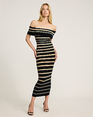 Express Women's Striped Off The Shoulder Midi Sweater Dress in Black Small