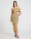 Express Women's Striped Off The Shoulder Midi Sweater Dress in Sandshell