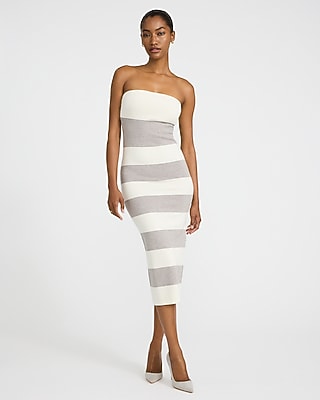 Express Women's Color Block Striped Strapless Sweater Midi Dress in Neutral Stripe