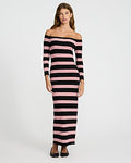 Express Women's Striped Off The Shoulder Long Sleeve Knit Maxi Dress in Red Stripe