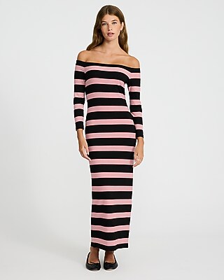 Express Women's Striped Off The Shoulder Long Sleeve Knit Maxi Dress in Red Stripe