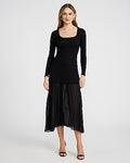 Express Women's Mixed Media Square Neck Long Sleeve Midi Dress in Black Small