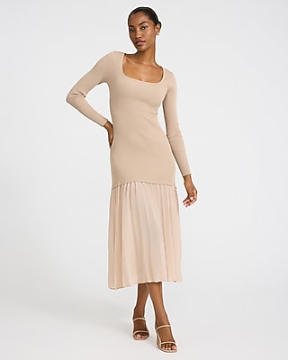 Express Women's Mixed Media Square Neck Long Sleeve Midi Dress in Neutral Small