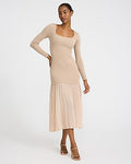 Express Women's Mixed Media Square Neck Long Sleeve Midi Dress in Soft Beige