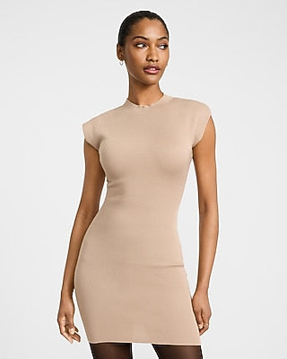 Express Women's Cap Sleeve Mini Sweater Dress in Soft Beige