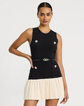 Express Women's Color Block Crew Neck Gold Button Belted Mini Sweater Dress in Black Small