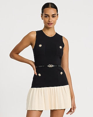 Express Women's Color Block Crew Neck Gold Button Belted Mini Sweater Dress in Pitch Black