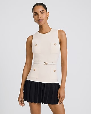 Express Women's Color Block Crew Neck Gold Button Belted Mini Sweater Dress in Neutral Small