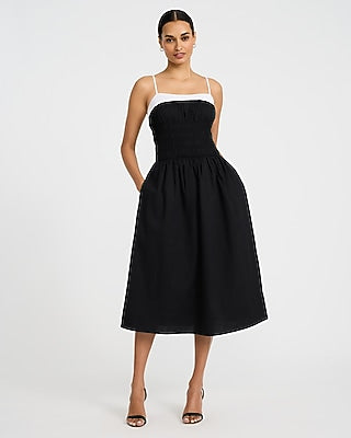 Express Women's Poplin Color Block Smocked Square Neck Maxi Dress With Pockets in Black Small