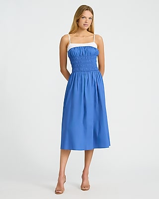 Express Women's Poplin Color Block Smocked Square Neck Maxi Dress With Pockets in Blue Small