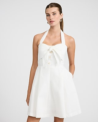 Express Women's Tie Halter Bow Button Front Smocked Back Mini Dress With Pockets in Ivory