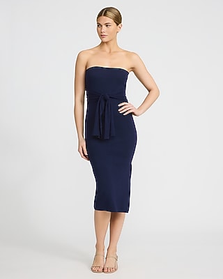Express Women's Strapless Tie Front Midi Sweater Dress in Blue Small