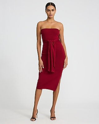 Express Women's Strapless Tie Front Midi Sweater Dress in Burgundy
