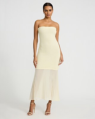Express Women's Strapless Mixed Media Smocked Tulle Maxi Dress in Neutral Small