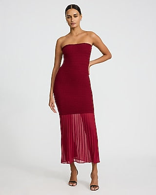 Express Women's Strapless Mixed Media Smocked Tulle Maxi Dress in Burgundy