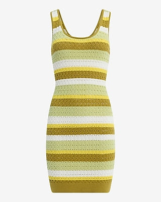 Express Women's Crochet Striped Scoop Neck Mini Sweater Dress in Green Stripe