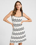 Express Women's Crochet Wavy Striped Square Neck Mini Sweater Dress in Black And White Stripe