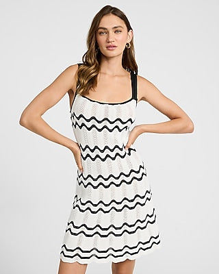 Express Women's Crochet Wavy Striped Square Neck Mini Sweater Dress in Black And White Stripe