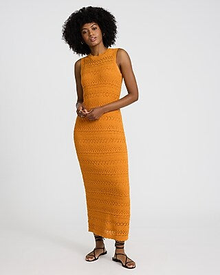 Express Women's Crochet Crew Neck Sleeveless Midi Sweater Dress in Dandelion