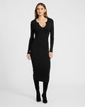 Express Women's Silky Soft Ribbed Notch V-Neck Midi Sweater Dress in Black Small