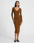 Express Women's Silky Soft Ribbed Notch V-Neck Midi Sweater Dress in Brown Small