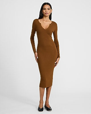 Express Women's Silky Soft Ribbed Notch V-Neck Midi Sweater Dress in Brown Small