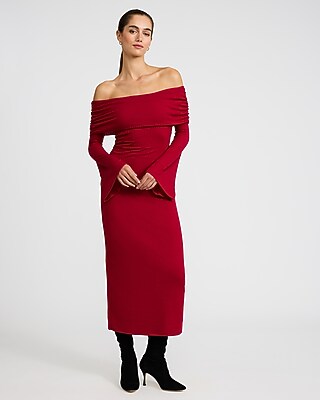 Express Women's Ribbed Off The Shoulder Long Sleeve Maxi Knit Dress in Red Small