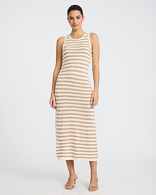Express Women's Textured Striped Crew Neck Sleeveless Midi Sweater Dress in Neutral Small