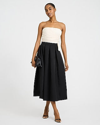 Express Women's Color Block Mixed Media Strapless Midi Fit And Flare Dress in Black Print