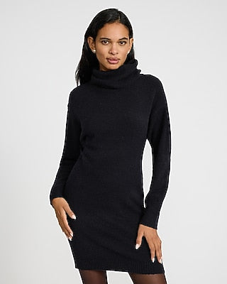 Express Women's Boucle Turtleneck Long Sleeve Mini Sweater Dress in Pitch Black