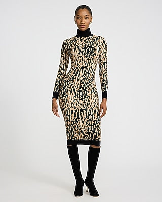 Express Women's Leopard Turtleneck Long Sleeve Midi Sweater Dress in Neutral Print