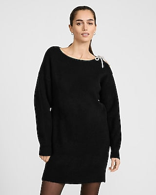 Express Women's Boat Neck Rhinestone Bow Cold Shoulder Mini Sweater Dress in Pitch Black