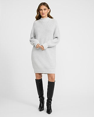 Express Women's Mock Neck Long Sleeve Mini Sweater Dress in Silver Heather Gray
