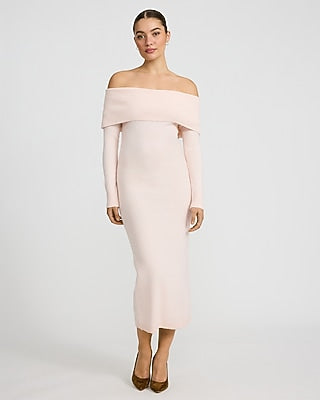 Express Women's Fold Over Off The Shoulder Midi Sweater Dress in Pink Small