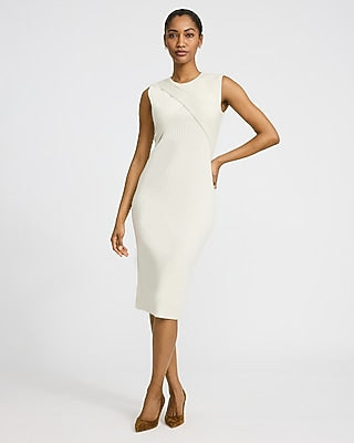 Express Women's Ribbed Crew Neck Crossover Sleeveless Midi Sweater Dress in Stone