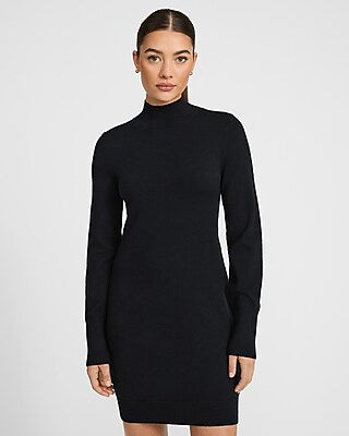 Express Women's Airy Soft Mock Neck Long Sleeve Mini Sweater Dress in Black Small