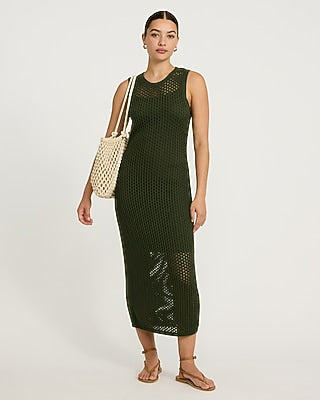 Express Women's Open Stitch Crochet Crew Neck Midi Dress in Green Small