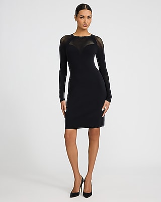 Express Women's Mesh Crew Neck Long Sleeve Mini Sweater Dress in Pitch Black